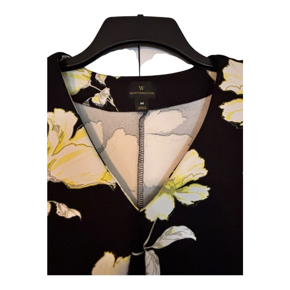 Worthington Black Blouse with White and Yellow Floral Pattern
